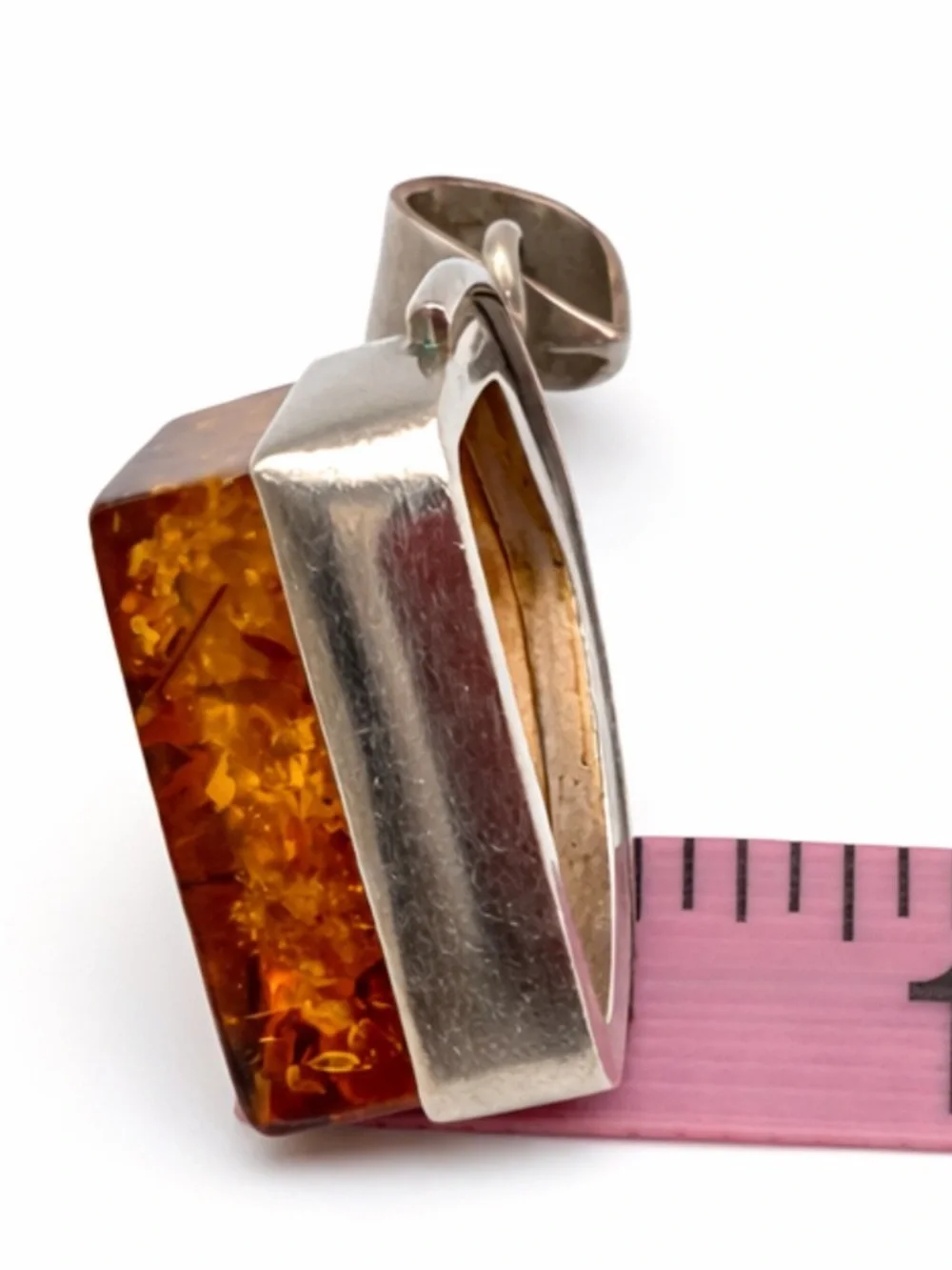 Large Honey Amber Pendant in Sterling Silver Modern Art Design
